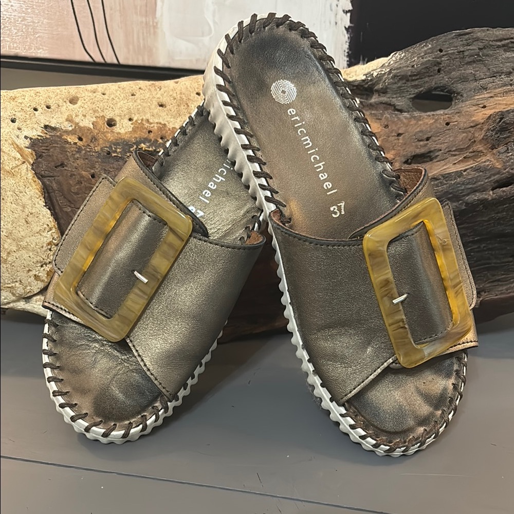 Eric Michael Silver Mules with Dual Buckle Design